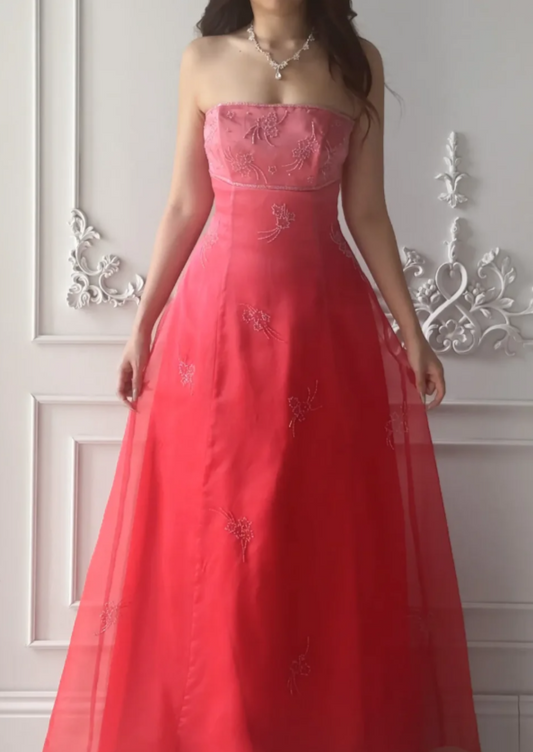 Chic Strapless A-Line Chiffon Beaded Long Evening Dress Pink Prom Dress ED07991