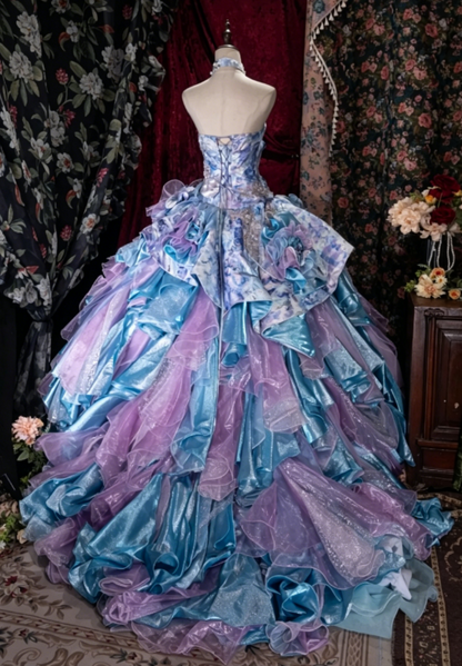 Magnifique Robe de Bal Bustier Robe de Quinceanera Tulle Appliques Longue Robe de Bal Bleu Robe Douce 16 ED07994
