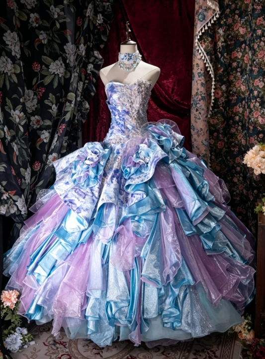 Magnifique Robe de Bal Bustier Robe de Quinceanera Tulle Appliques Longue Robe de Bal Bleu Robe Douce 16 ED07994
