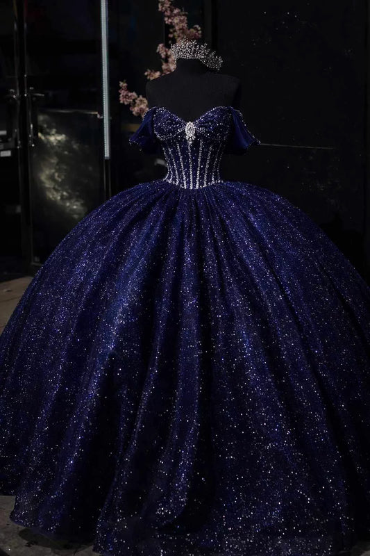Magnifique robe de bal Quinceanera épaules dénudées en satin, longue robe de bal de promo bleu marine, robe Sweet 16 ED07995