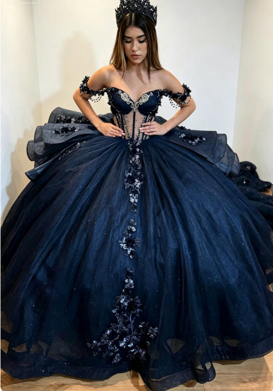 Magnifique Robe de Bal Quinceanera Épaules Dénudées en Tulle Longue Robe de Bal Bleu Marine Robe de Fête de 16 Ans ED07996