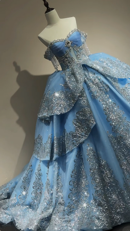 Wunderschönes schulterfreies Ballkleid Quinceanera-Kleid Tüll Pailletten Langes Ballkleid Blau Sweet 16 Kleid ED07997