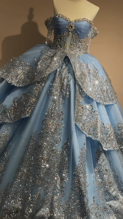 Wunderschönes schulterfreies Ballkleid Quinceanera-Kleid Tüll Pailletten Langes Ballkleid Blau Sweet 16 Kleid ED07997