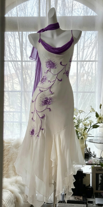 Vintage Spaghetti Straps Sheath Chiffon Beaded Evening Dress White Prom Dress ED07998