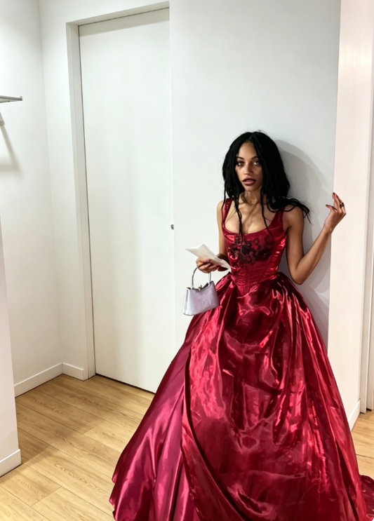 Chic Straps A-Line Satin Evening Dress Burgundy Prom Dress ED07999