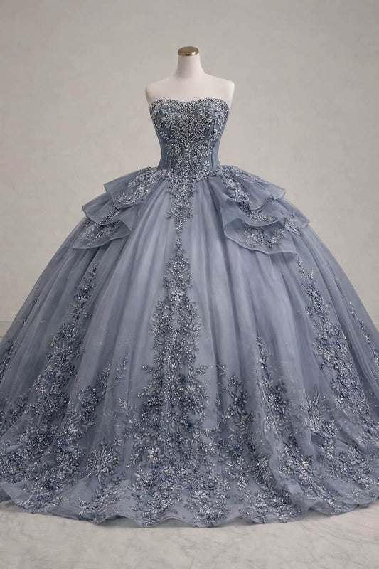 Chic Robe de bal bustier Quinceanera Tulle Appliques Longue Robe de Bal Bleu Gris Robe de Soirée Sweet 16 ED08000