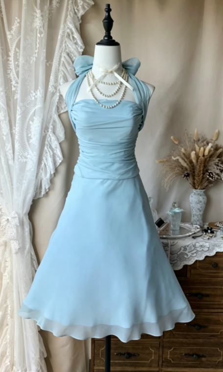 Schickes blaues Cocktailkleid Neckholder A-Linie Geburtstags-Kleid Chiffon Abschlussfeier-Kleid ED08005