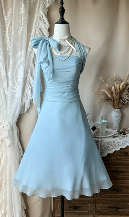 Schickes blaues Cocktailkleid Neckholder A-Linie Geburtstags-Kleid Chiffon Abschlussfeier-Kleid ED08005