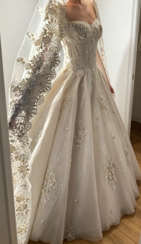 Modest Sweetheart A-Line Wedding Dress Tulle Appliques Bridal Dress White Bridal Gown ED08008