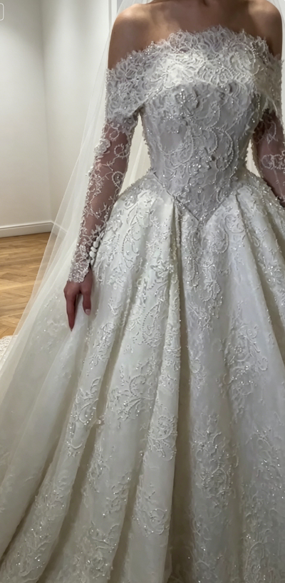 Modest Off-shoulder A-Line Wedding Dress Lace Beaded Bridal Dress White Bridal Gown ED08009