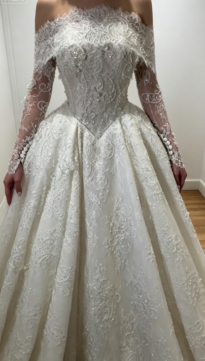 Modest Off-shoulder A-Line Wedding Dress Lace Beaded Bridal Dress White Bridal Gown ED08009