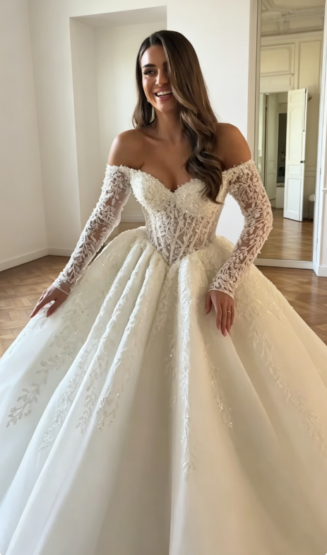 Modest Off-shoulder A-Line Wedding Dress Tulle Appliques Bridal Dress White Bridal Gown ED08011