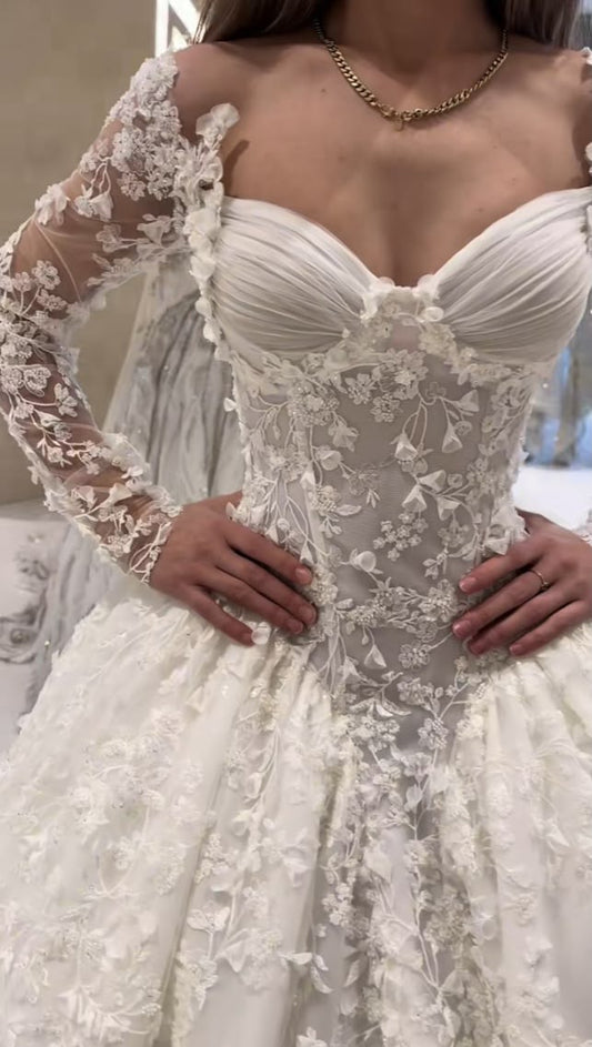 Timeless Off-shoulder A-Line Wedding Dress Tulle Appliques Bridal Dress White Bridal Gown ED08012
