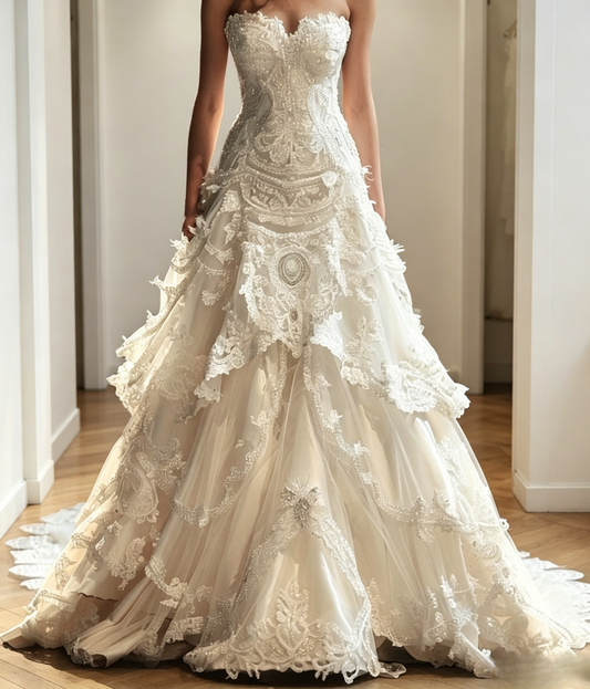 Timeless Sweetheart A-Line Wedding Dress Tulle Appliques Bridal Dress White Bridal Gown ED08014