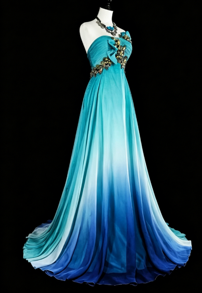 Goregeous Strapless A-Line Chiffon Long Evening Dress Blue Prom Dress ED08018