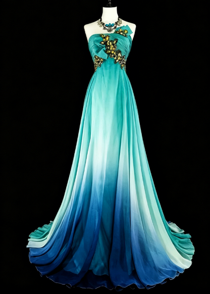 Goregeous Strapless A-Line Chiffon Long Evening Dress Blue Prom Dress ED08018