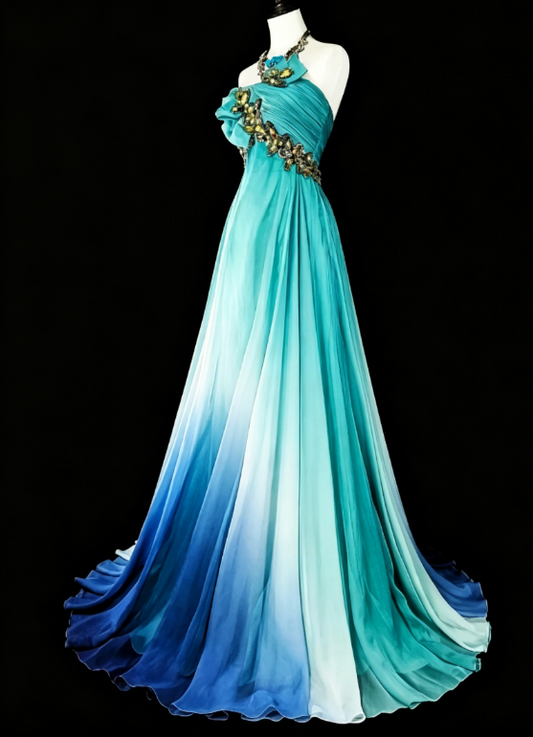 Goregeous Strapless A-Line Chiffon Long Evening Dress Blue Prom Dress ED08018