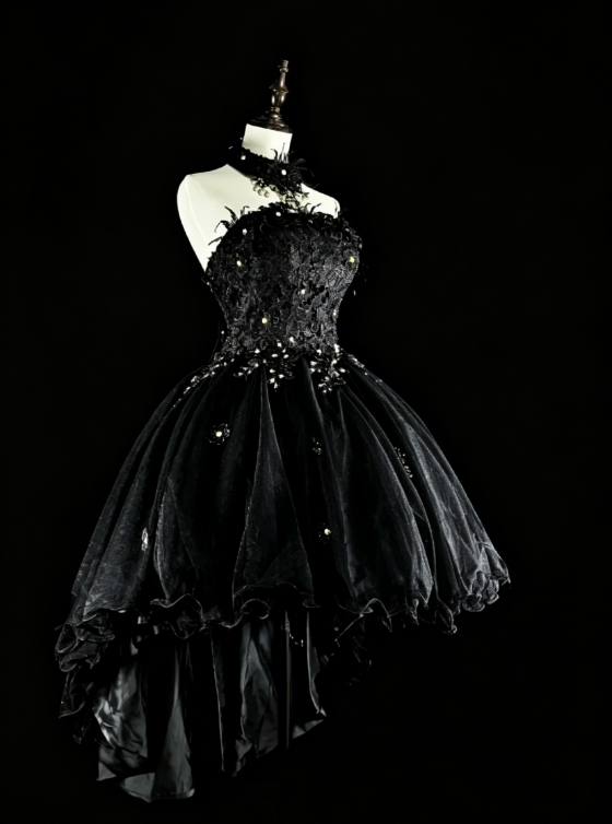 Robe d'anniversaire chic sans bretelles Robe de bal en tulle trapèze à appliques Robe de soirée noire ED08022