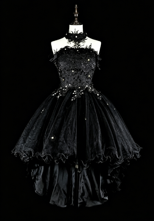 Robe d'anniversaire chic sans bretelles Robe de bal en tulle trapèze à appliques Robe de soirée noire ED08022