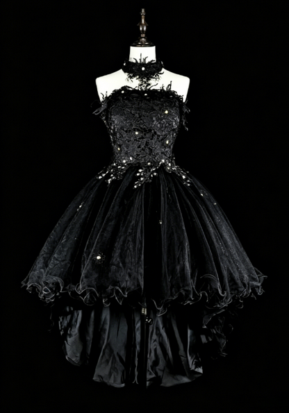 Robe d'anniversaire chic sans bretelles Robe de bal en tulle trapèze à appliques Robe de soirée noire ED08022
