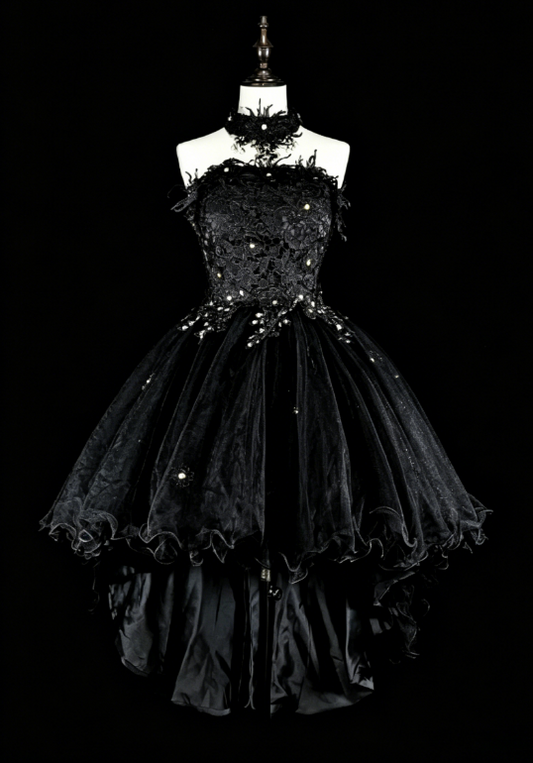 Chic Strapless Birthday Dress  A-Line Applique Tulle Homecoming Dress Black Party Dress ED08022