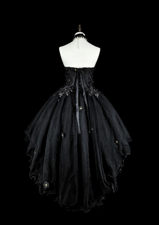 Robe d'anniversaire chic sans bretelles Robe de bal en tulle trapèze à appliques Robe de soirée noire ED08022