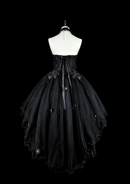 Robe d'anniversaire chic sans bretelles Robe de bal en tulle trapèze à appliques Robe de soirée noire ED08022