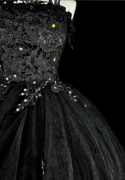 Robe d'anniversaire chic sans bretelles Robe de bal en tulle trapèze à appliques Robe de soirée noire ED08022