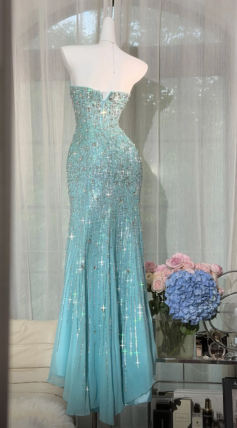 Chic Tiffany Blue Prom Dress Sweetheart Sheath Sequins Chiffon Long Evening Dresss ED08024