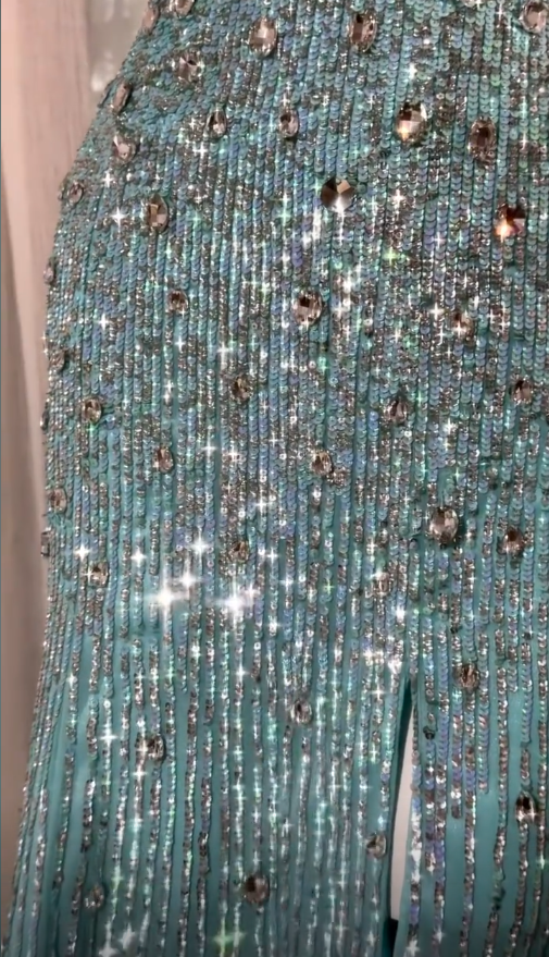 Robe de bal chic bleu Tiffany bustier fourreau paillettes mousseline de soie longue robe de soirée ED08024
