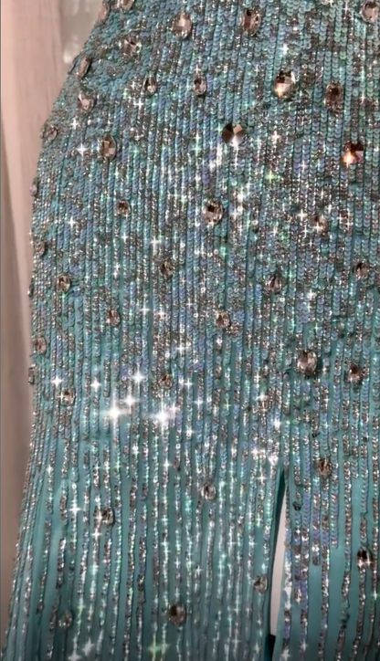 Robe de bal chic bleu Tiffany bustier fourreau paillettes mousseline de soie longue robe de soirée ED08024