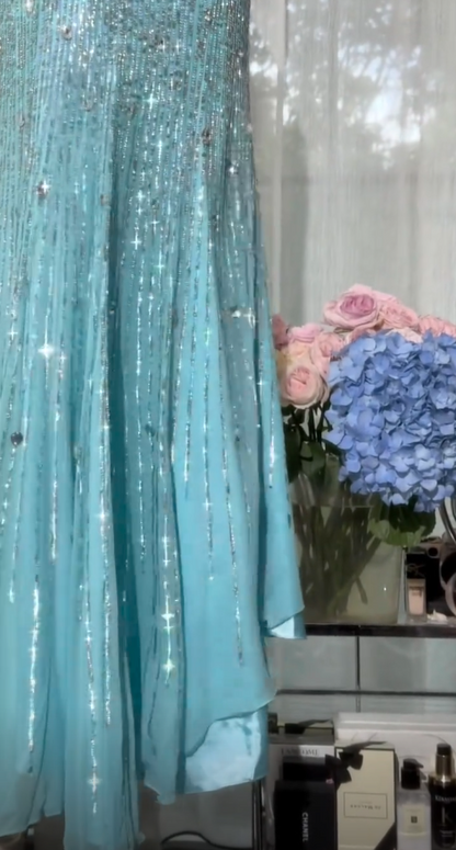 Robe de bal chic bleu Tiffany bustier fourreau paillettes mousseline de soie longue robe de soirée ED08024