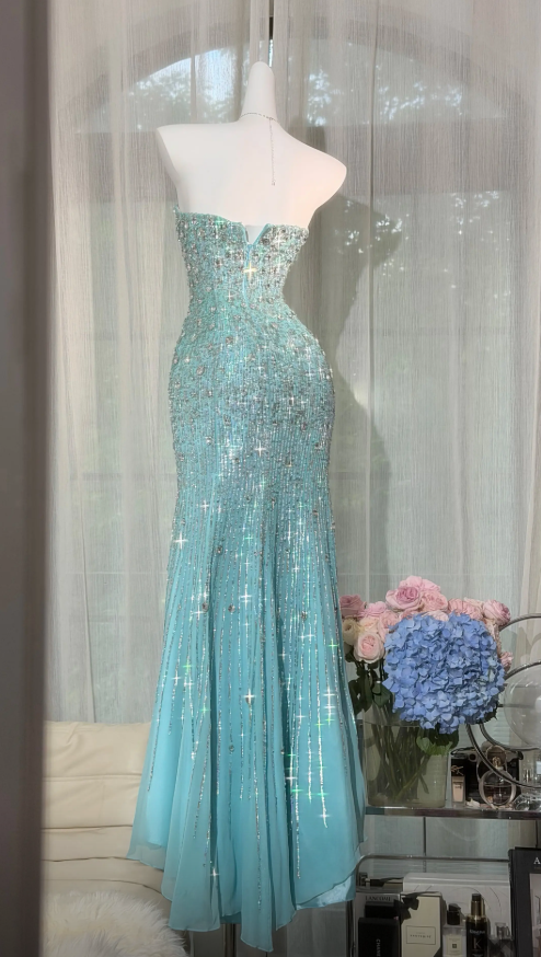 Robe de bal chic bleu Tiffany bustier fourreau paillettes mousseline de soie longue robe de soirée ED08024