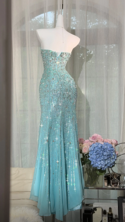 Robe de bal chic bleu Tiffany bustier fourreau paillettes mousseline de soie longue robe de soirée ED08024