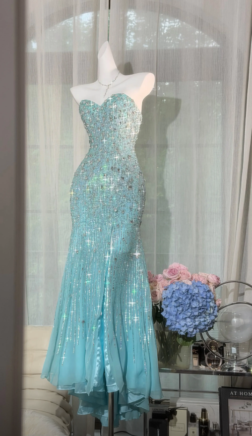 Chic Tiffany Blue Prom Dress Sweetheart Sheath Sequins Chiffon Long Evening Dresss ED08024