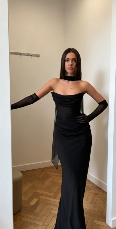 Chic Strapless Sheath Chiffon Long Evening Dresss Black Prom Dress   ED08026
