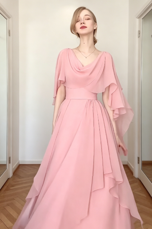 Chic V-neck A-Line Chiffon Long Evening Dresss Pink Prom Dress  ED08027