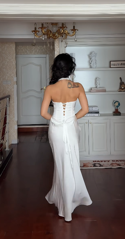 Chic V-neck Sheath Satin Long Evening Dresss White Prom Dress  ED08028