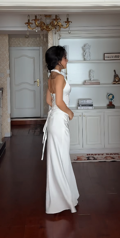 Chic V-neck Sheath Satin Long Evening Dresss White Prom Dress  ED08028