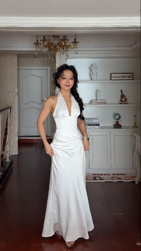 Chic V-neck Sheath Satin Long Evening Dresss White Prom Dress  ED08028