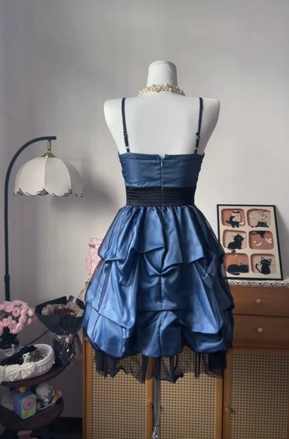 Cute Spaghetti Straps Birthday Dress A-Line Short Cocktail Dress Satin Blue Homecoming Dress ED08036