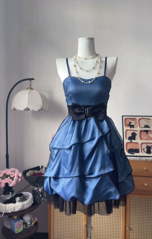 Cute Spaghetti Straps Birthday Dress A-Line Short Cocktail Dress Satin Blue Homecoming Dress ED08036