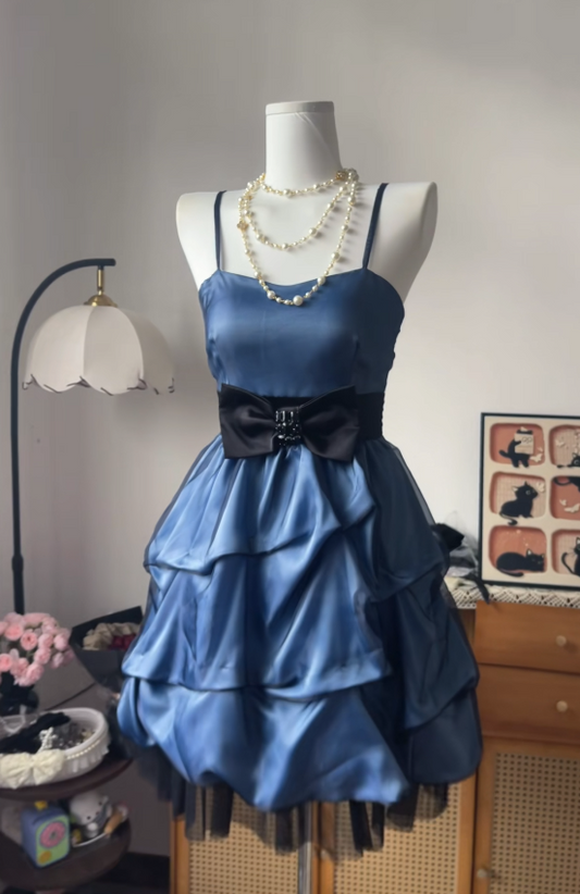 Cute Spaghetti Straps Birthday Dress A-Line Short Cocktail Dress Satin Blue Homecoming Dress ED08036
