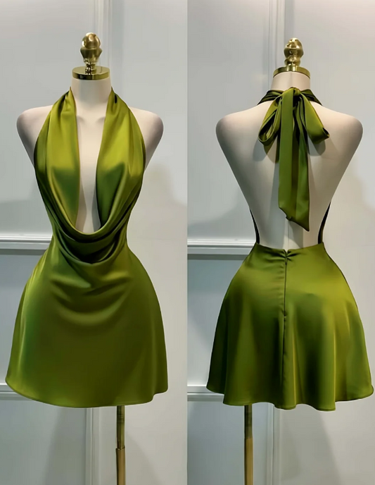 Cute Halter Birthday Dress Sheath Satin Short Cocktail Dress Green Homecoming Dress ED08037
