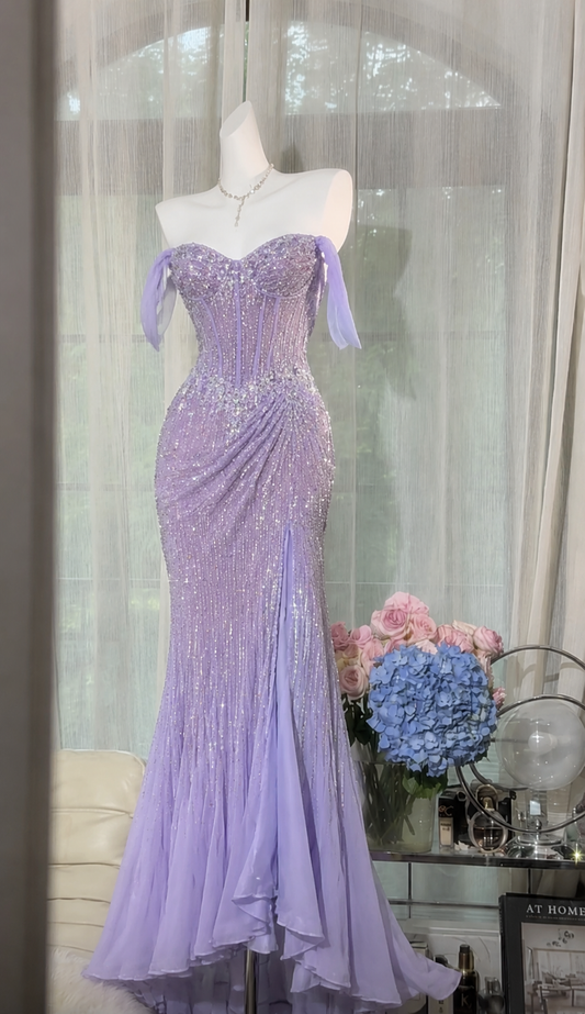 Chic Lavender Prom Dress Off-shoulder Mermaid Chiffon Beaded Long Evening Dress ED08042