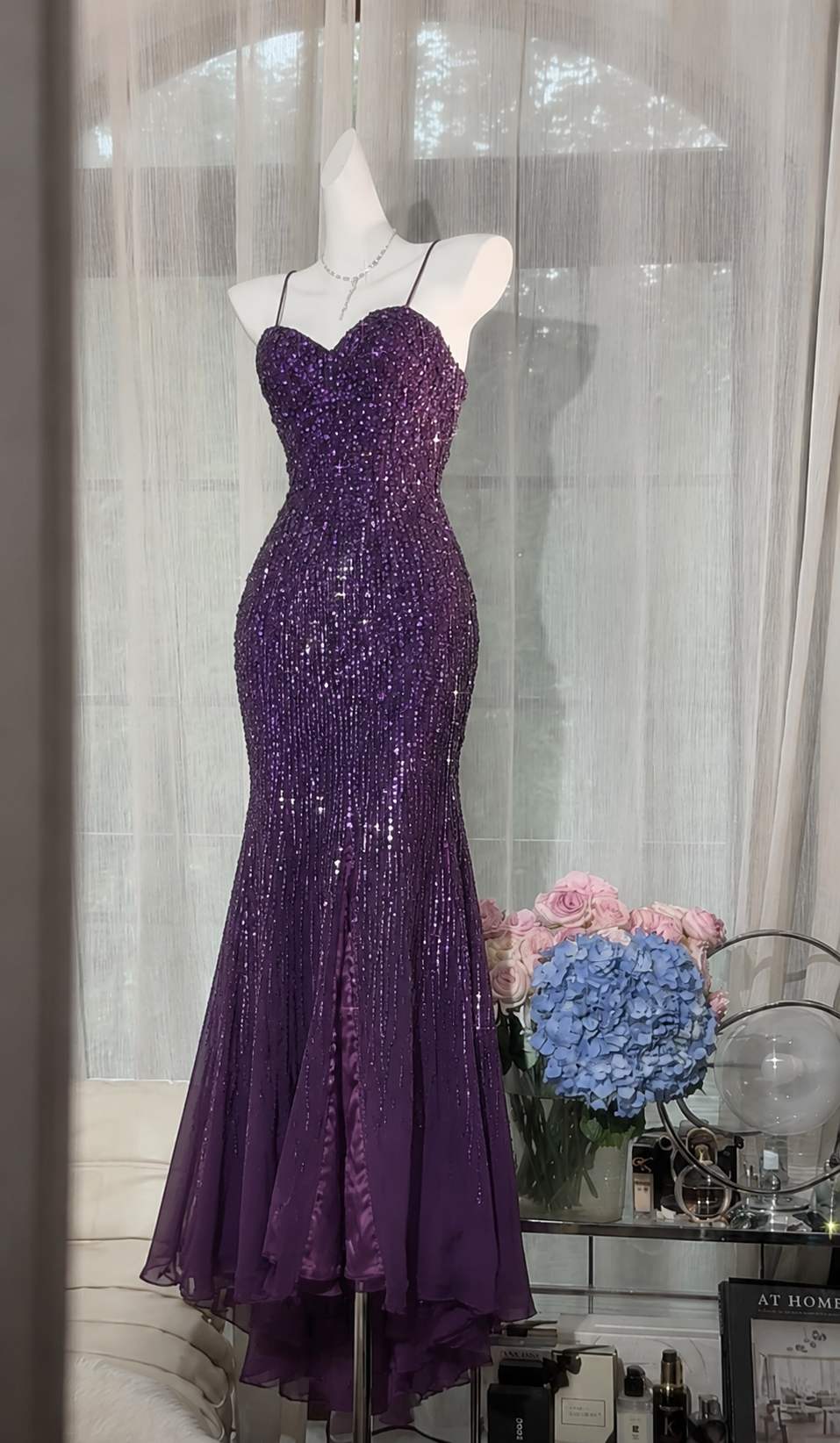 Chic Deep Purple Prom Dress Spaghetti Straps Mermaid Chiffon Beaded Lo – EvaFashionDress