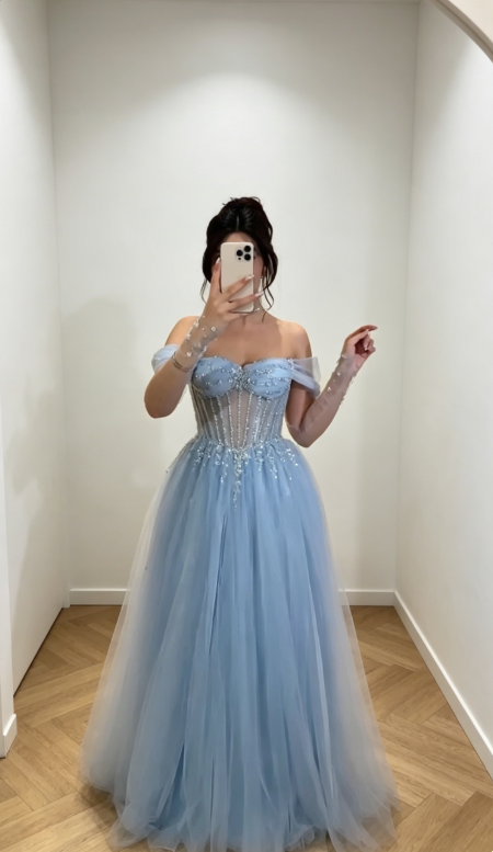Chic Pale Blue Prom Dress Off-shoulder A-Line Tulle Long Evening Dress ED08044