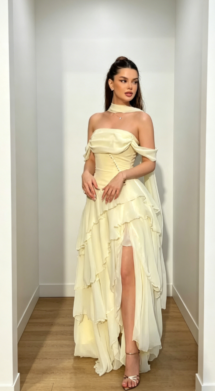 Elegant Yellow Wedding Guest Dress Off-shoulder Sheath Chiffon Long Evening Dress ED08045