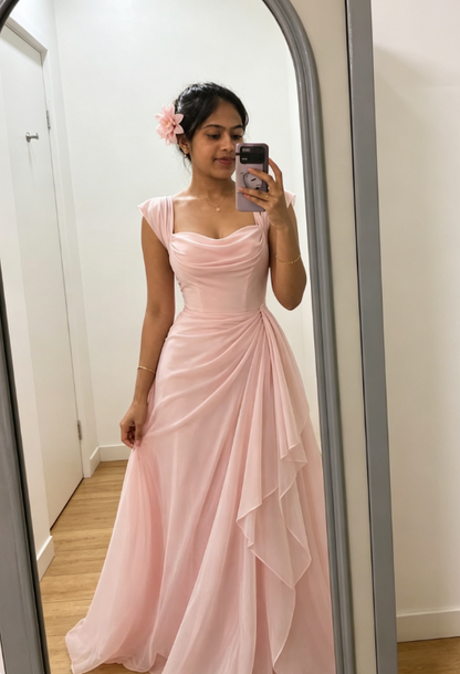 Élégante Robe de Bal Rose à Bretelles Fourreau en Mousseline Longue Robe de Soirée ED08046