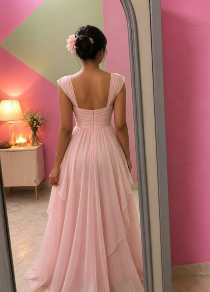 Élégante Robe de Bal Rose à Bretelles Fourreau en Mousseline Longue Robe de Soirée ED08046